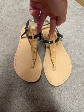 LOFT Outlet Blue Patent and Cork-Trim T-Strap Sandals with yTan Footbed